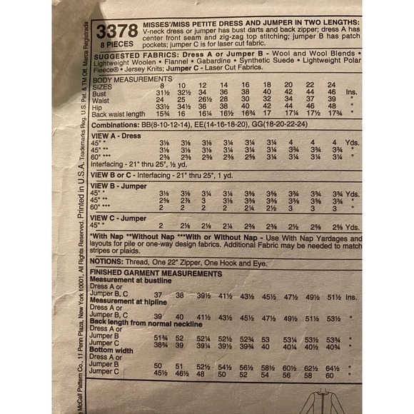 McCalls Sewing pattern3378v neck  dress jumper sz 18 20 22 24 - Picture 4 of 6